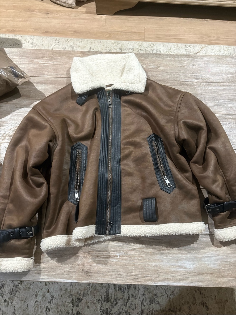Brown Shearling Bomber Jacket with Contrast Trim
